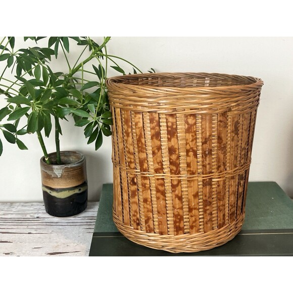 Vintage Burnt Bamboo Wicker Waste Basket / Planter 8.25” x 8” Boho Chic - Picture 2 of 10